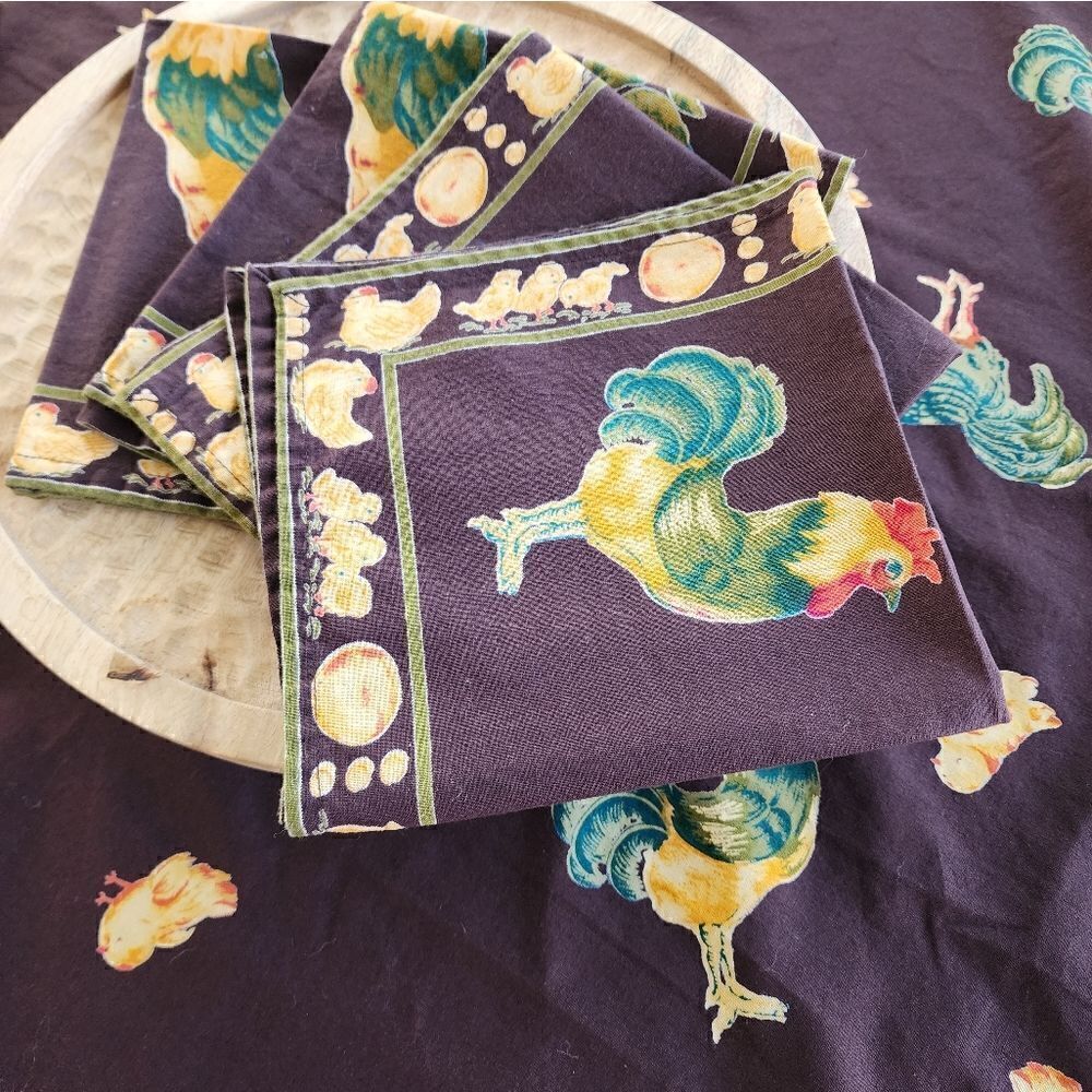 April Cornell Farm House Chicken & Rooster Tablecloth Napkins Chocolate Brown